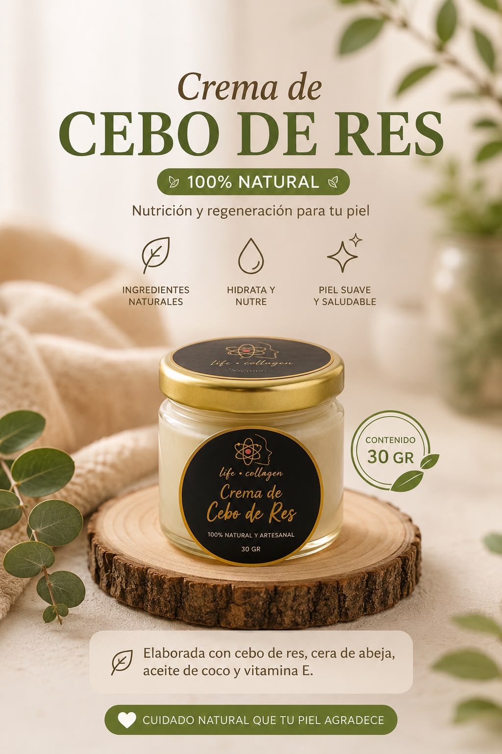 Empaque de Crema de Cebo de Res Life-collagen, 30 gr